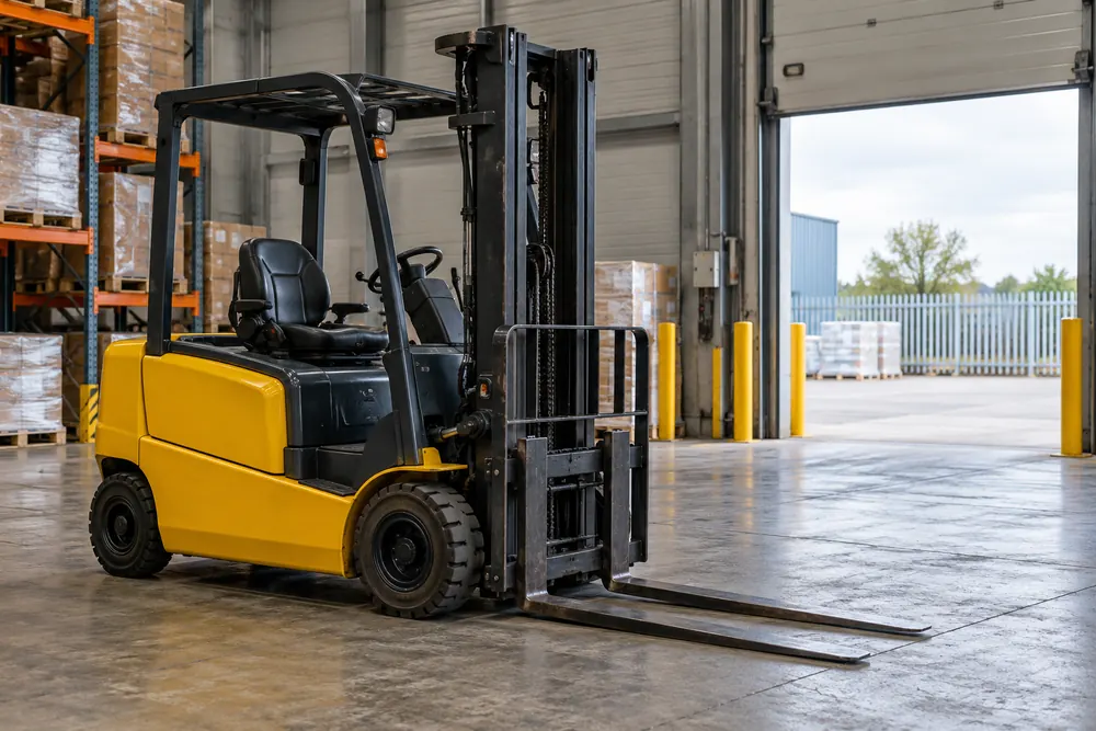 Counterbalance forklift parked at a commercial warehouse loading bay