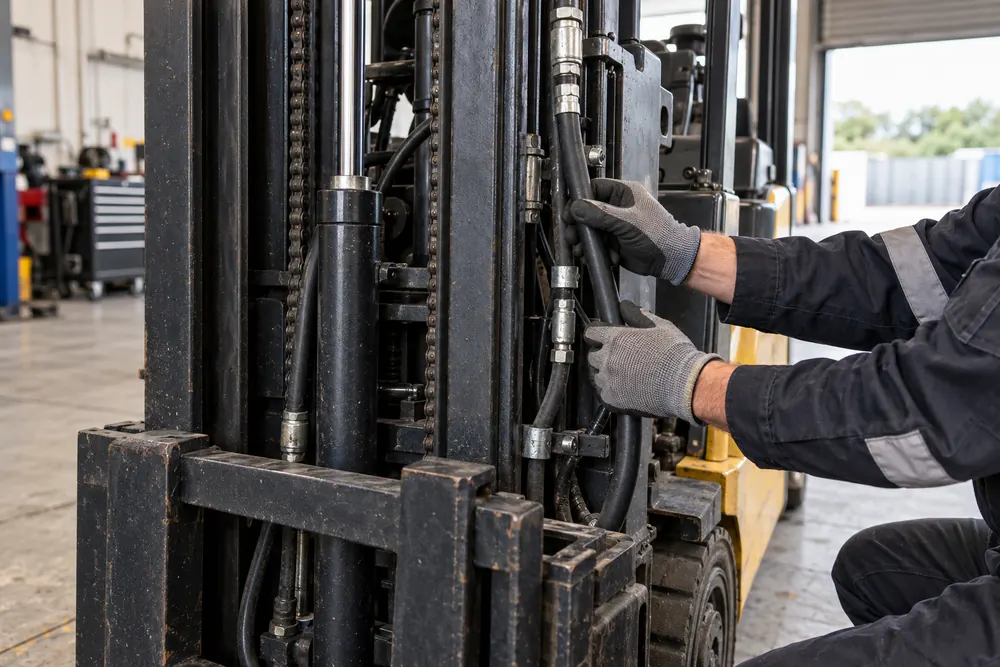 Gloved technician examining forklift hydraulic components with the machine isolated