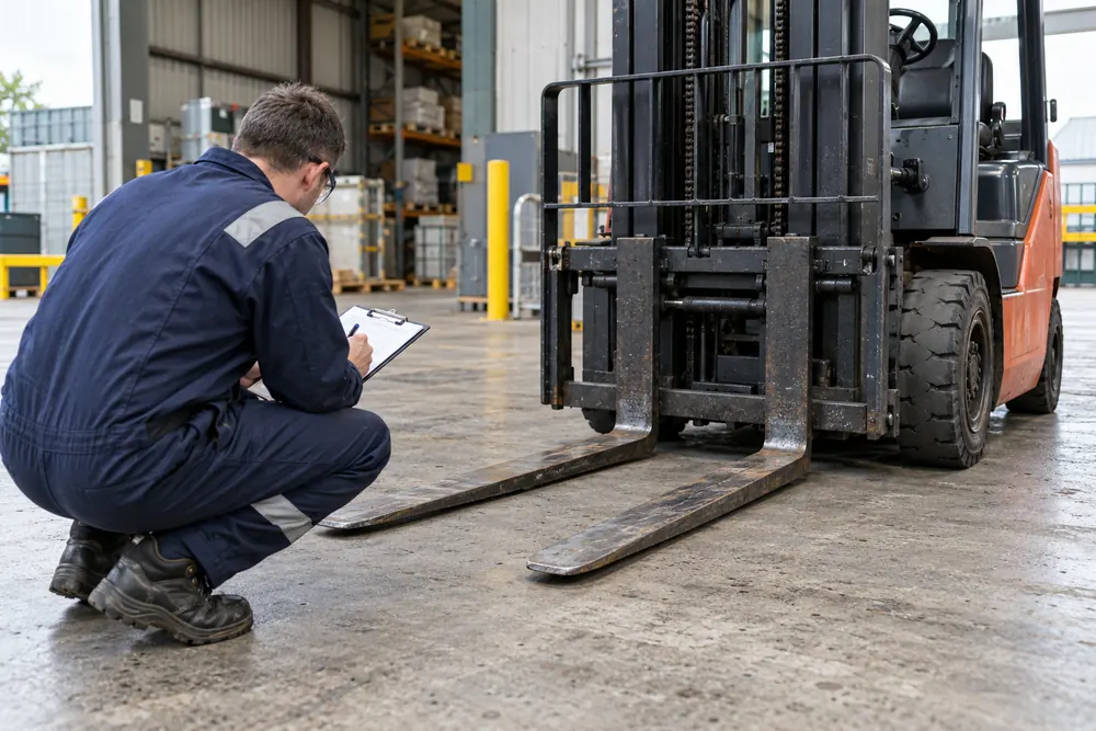 Examiner checking lowered forklift forks in a commercial warehouse