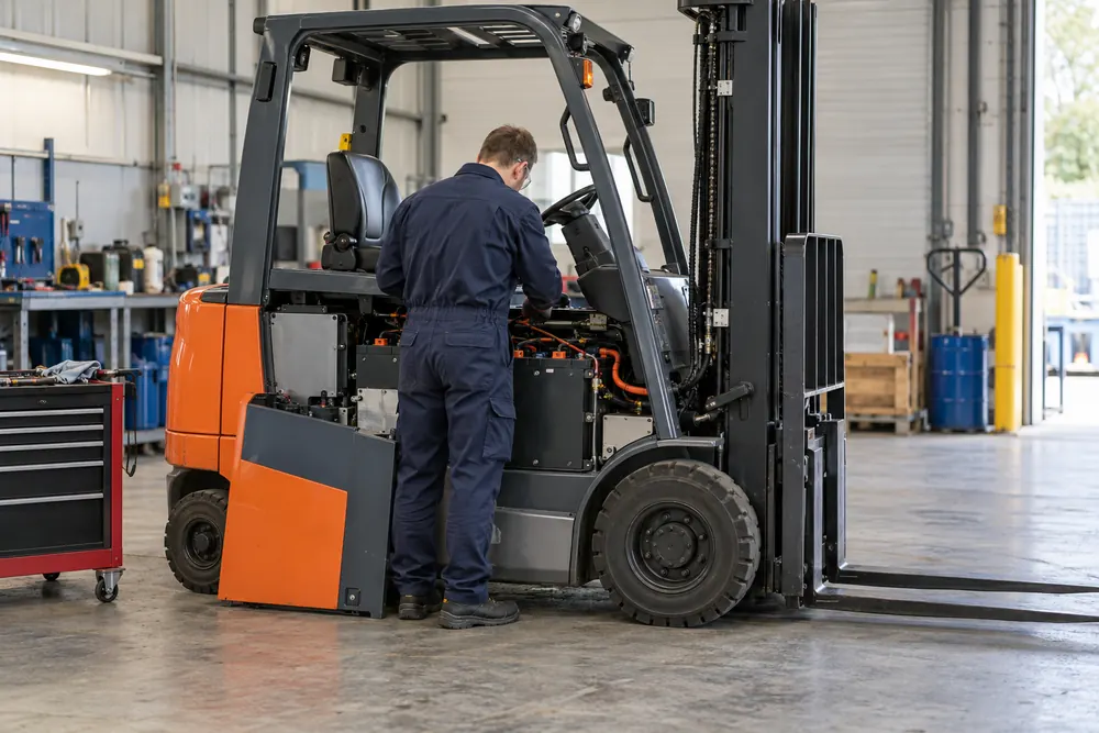 Technician checking an isolated electric forklift in a workshop
