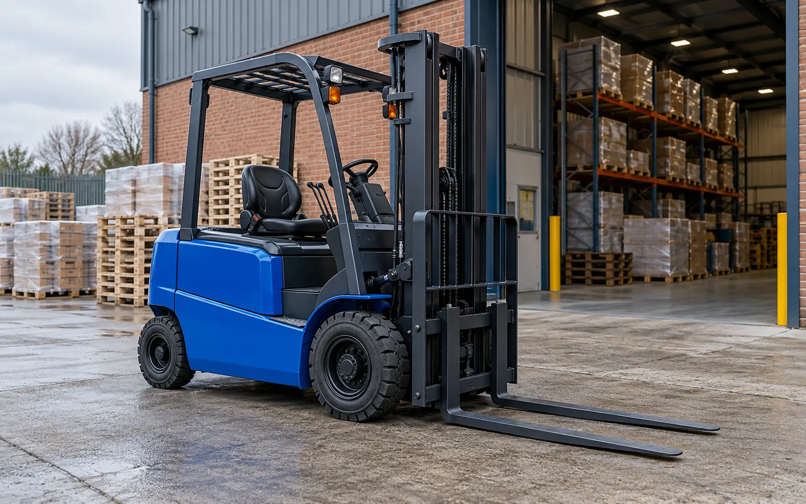 Electric forklift parked outside a brick and steel commercial warehouse