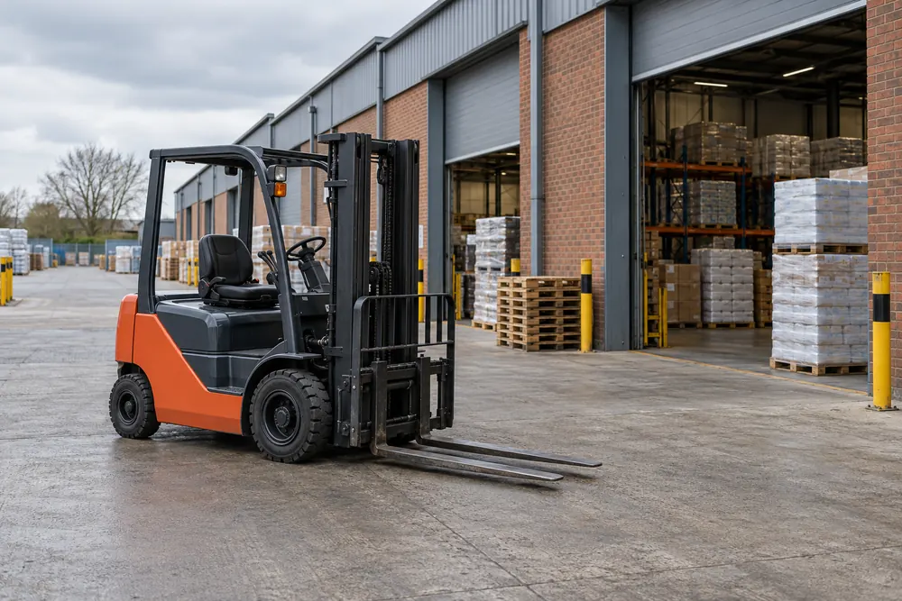 Commercial loading bays and forklift at a London-style industrial estate