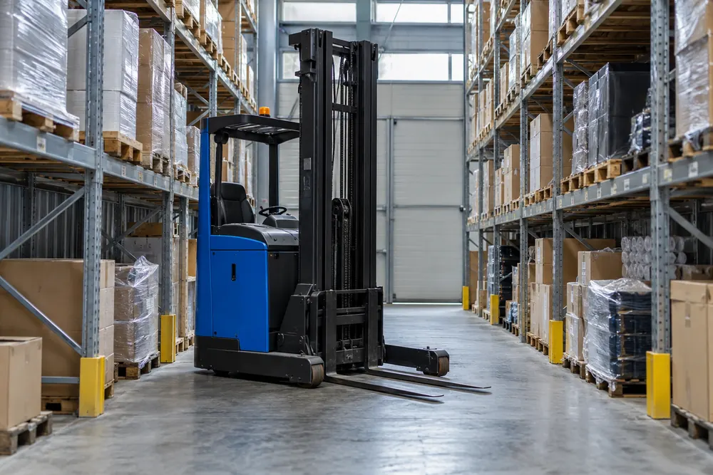 Reach truck parked between pallet racking in a commercial warehouse